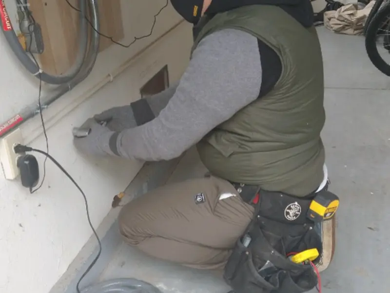 Electrician performing outlet wiring in a Baxter Springs garage